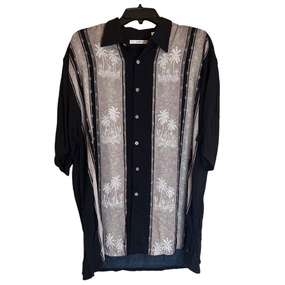 Campia Moda Black Short Sleeve Hawaiian Sport Shirt w Coconut Trees Men Size L